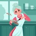 Girl cooks dough or sauce in her kitchen. Girl learn to cook. Vector illustration.